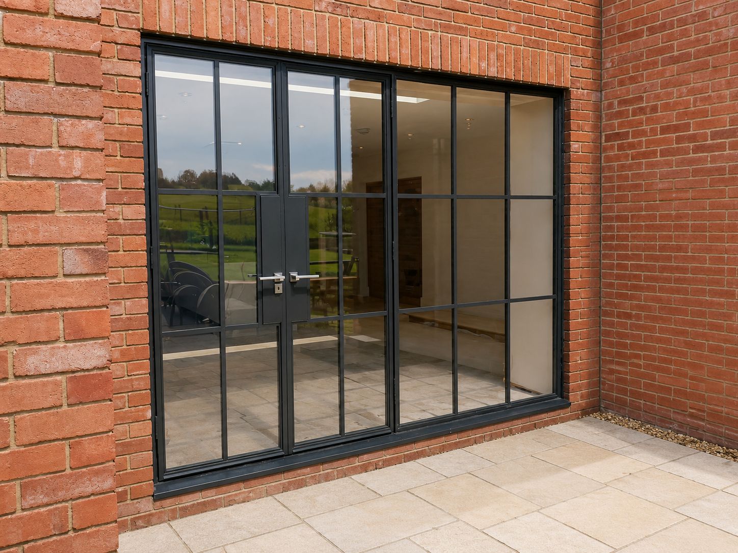 External steel french doors and side screens in a red brick elevation