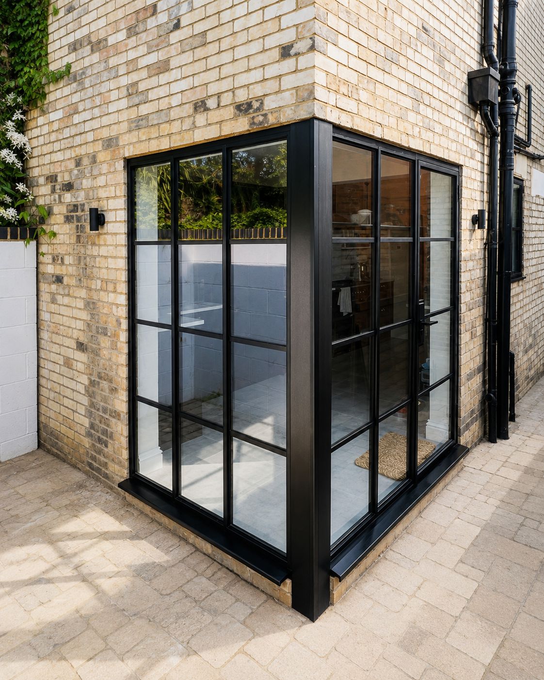 External steel glazing turning a corner return in yellow brick