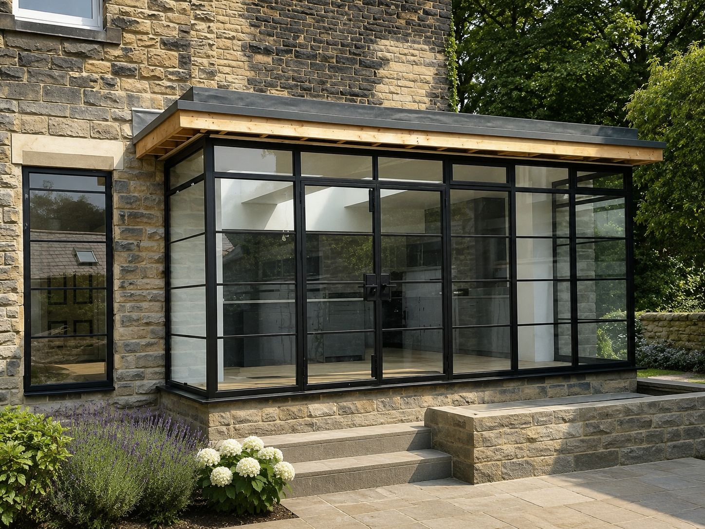 External steel glazing to a stone garden room with a flat roof