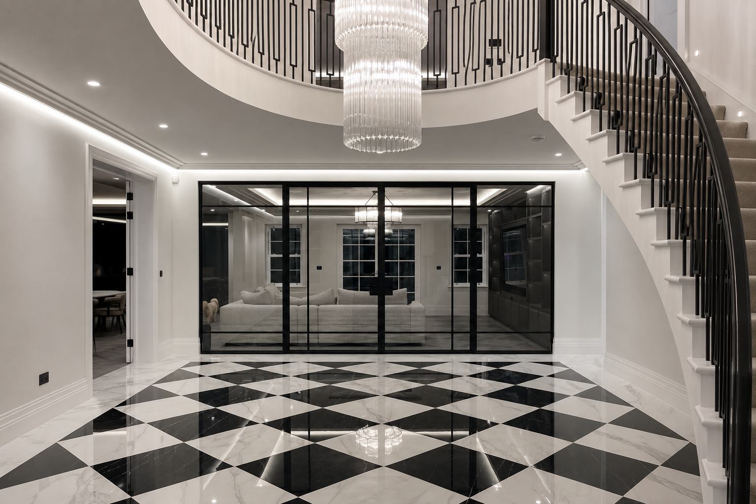 Marble chequerboard hallway with a full-width bespoke steel glazed screen beneath a crystal chandelier