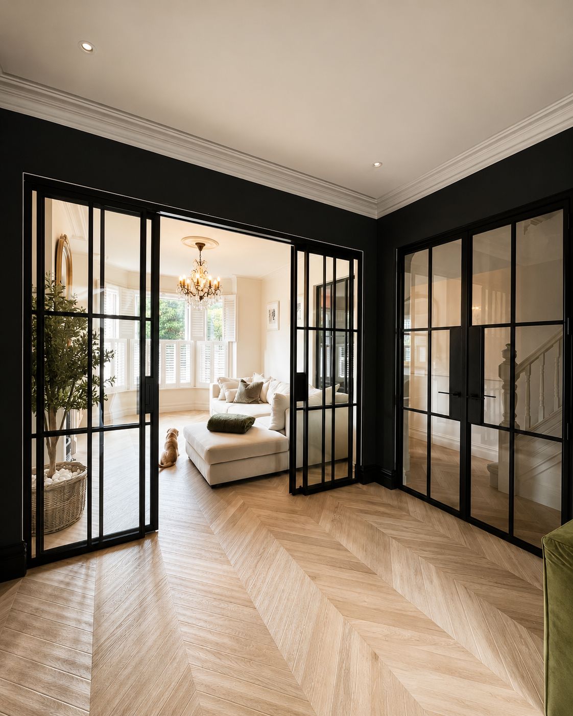 Internal steel doors and screens in a black panelled hallway