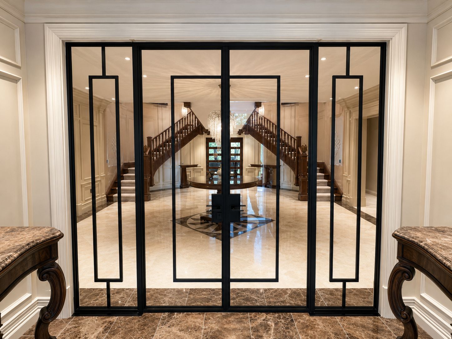 Full-width internal steel screen and doors onto a double staircase hall
