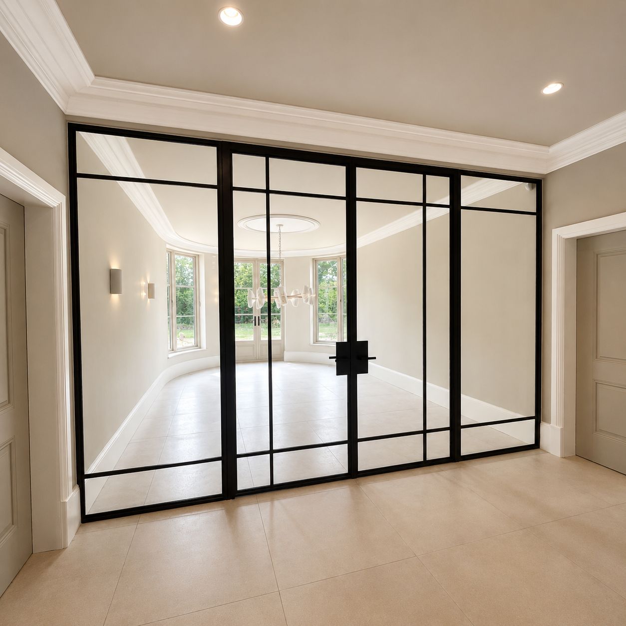 Full-width internal steel screen to a curved dining room